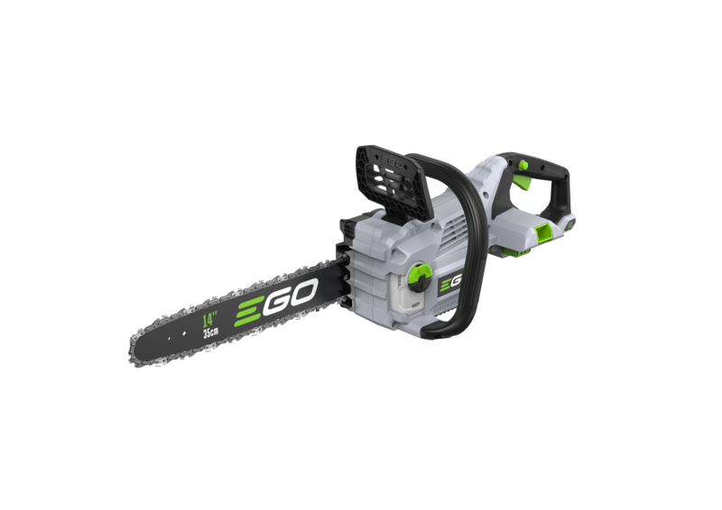 A green and black EGO branded battery chainsaw